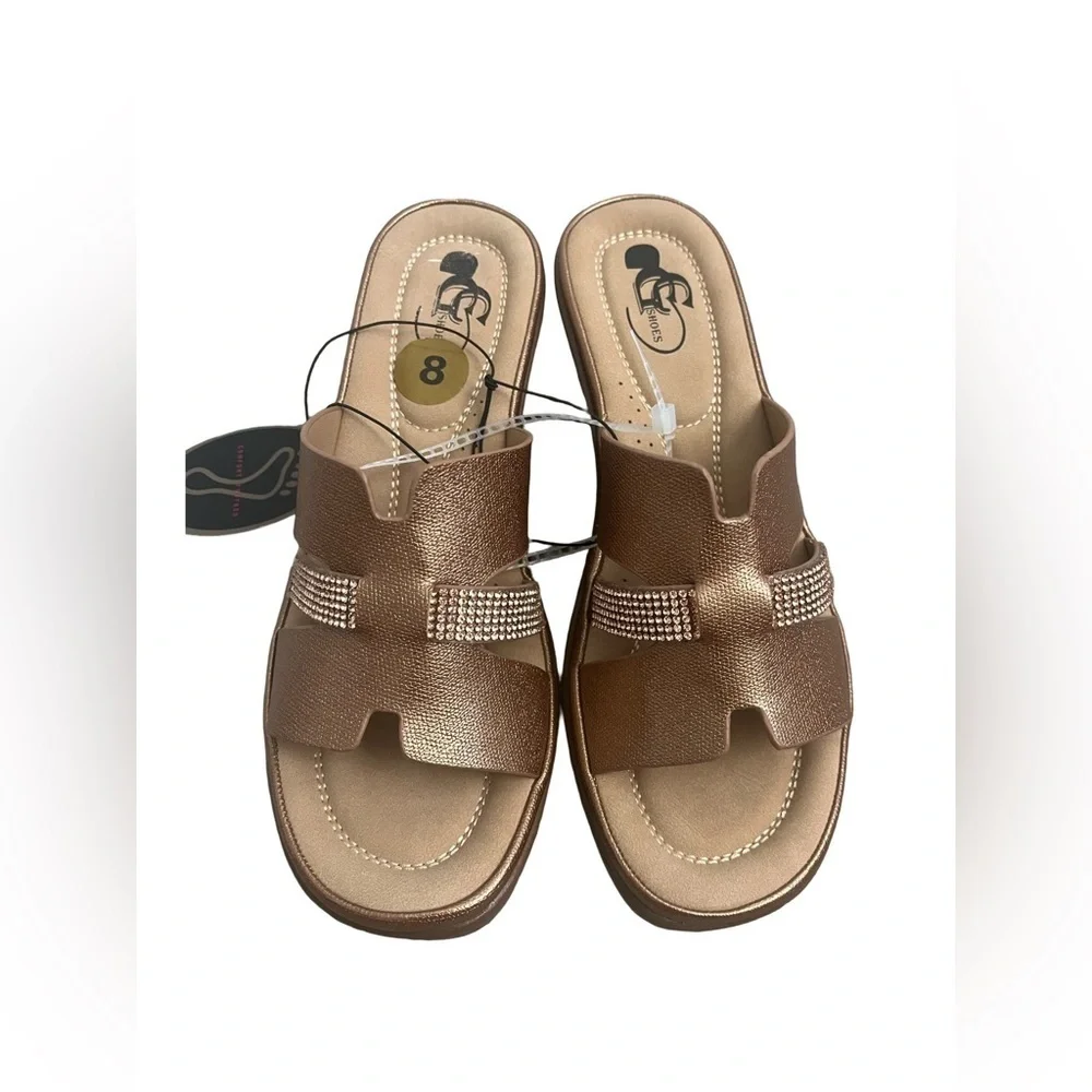 GC Women Brown Slide Sandals with Rhinestone Accents Wedge Heel Size:8. NWT.
